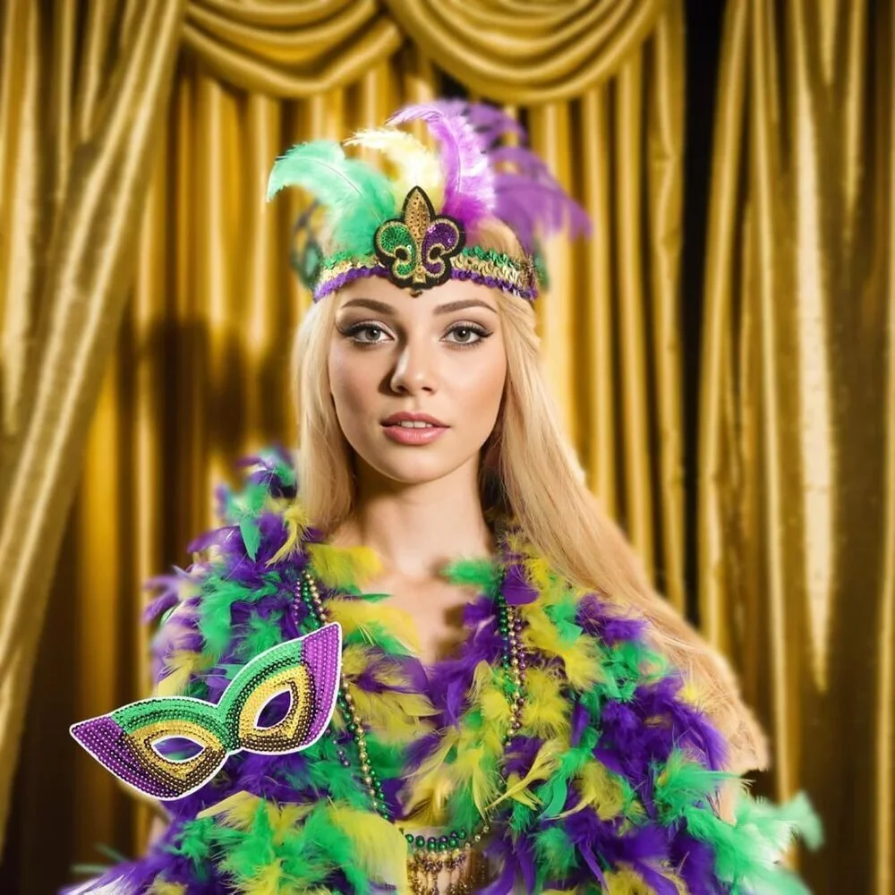 Mardi Gras Costume Accessory Set Sequin Feather Mask Beads Necklaces